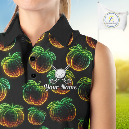 Funny Neon Colorful Peach In Dark Womens Sleeveless Golf Polo Shirt,  Funny Fruit Pattern Polo Top NHT578