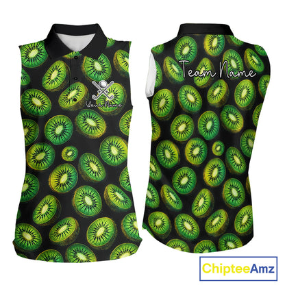 Funny Colorful Kiwi In Dark Womens Sleeveless Golf Polo Shirt,  Funny Fruit Pattern Polo Top NHT579