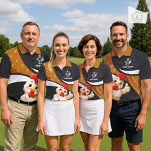 Load image into Gallery viewer, Funny chicken men golf polo shirt with rooster golfer design and custom name