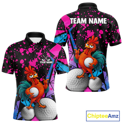 Front and back views of a short-sleeve polo shirt with a colorful graphic print. The design features a cartoon rooster holding a golf ball on a background of pink, blue, and black paint splatters, with customizable text areas reading 'TEAM NAME' on the back and 'YOUR NAME' on the front.