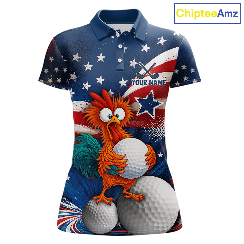 A short-sleeve polo shirt with a patriotic American flag design featuring white stars on a blue background, red and white stripes, and a cartoon rooster holding golf balls. The shirt has a customizable text placeholder on the chest and is shown on a plain white background with a 'ChipteeAmz' logo in the top right corner.