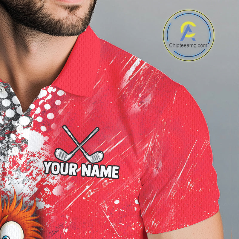 A close-up of a man wearing a red short-sleeve polo shirt with a custom printed design featuring crossed golf clubs, the text 'YOUR NAME', and a white splatter pattern. A circular logo for 'Chipteamz.