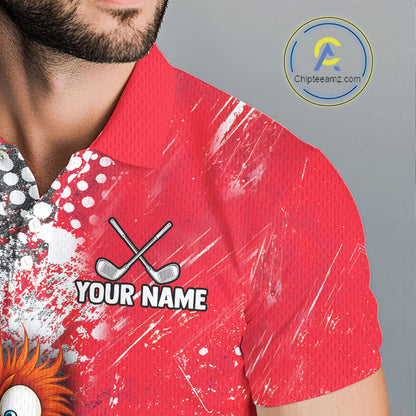 A close-up of a man wearing a red short-sleeve polo shirt with a custom printed design featuring crossed golf clubs, the text 'YOUR NAME', and a white splatter pattern. A circular logo for 'Chipteamz.