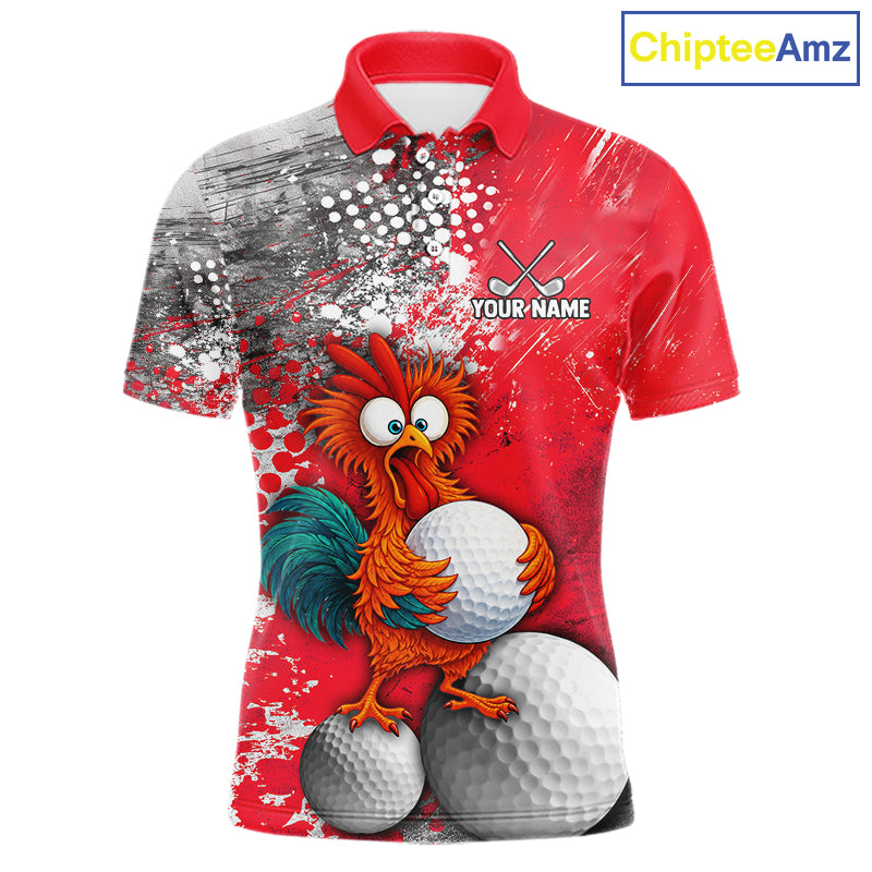 A short-sleeve polo shirt with a red collar and a vibrant red, white, and gray paint-splatter graphic. The front features a cartoon rooster holding golf balls, with a customizable text placeholder 'YOUR NAME' and crossed golf clubs on the chest.