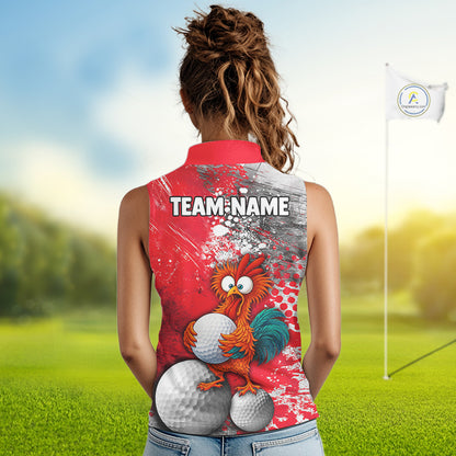 A woman viewed from behind wearing a sleeveless red and gray golf-themed polo shirt with a cartoon rooster holding golf balls and the text 'TEAM NAME'. The background shows a blurred golf course with a flagstick.