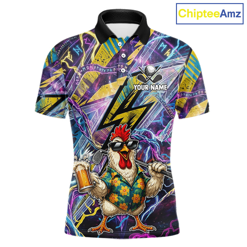A short-sleeve polo shirt with a vibrant, all-over graphic print featuring a cartoon chicken in sunglasses holding a beer mug, set against a purple and yellow lightning-bolt background. The shirt has a black collar, a white button placket, and customizable text placeholders 'YOUR NAME' and 'CHOOSE A COLOR'.