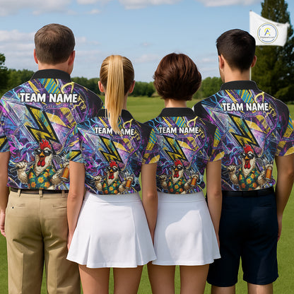 Funny Rooster Women Golf Polo Shirt Custom Name Purple Yellow Golf Team Shirt NHT1256