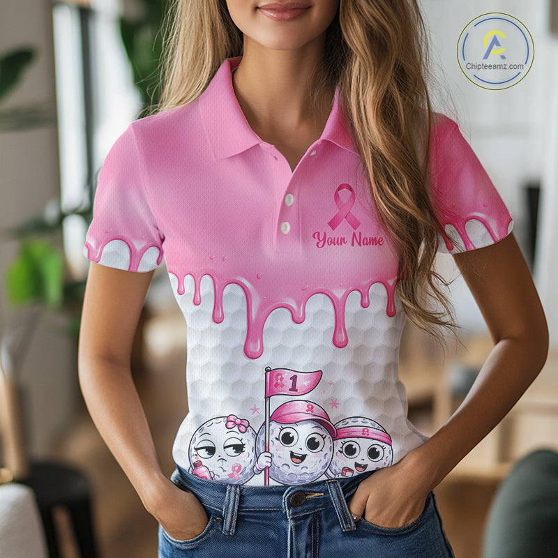 Funny Pink Ribbons Breast Cancer Awareness Womens Golf Ball Polo Shirts Custom Golf Apparel For Womens NHT795