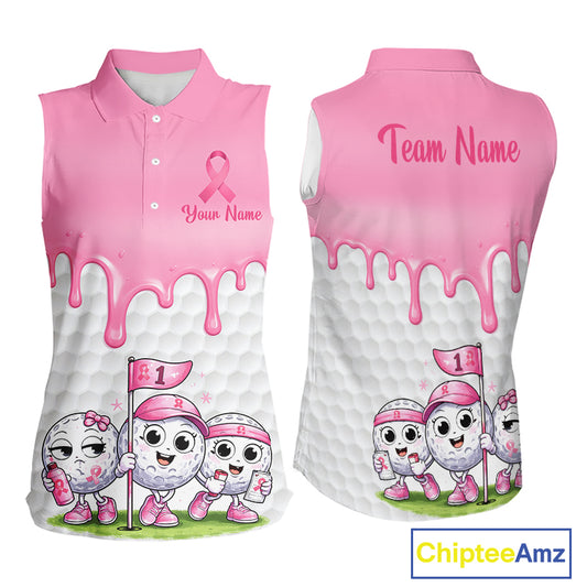 Funny Pink Ribbons Breast Cancer Awareness Sleeveless Women Golf Ball Polo Shirts Custom Golf Apparel For Women NHT795