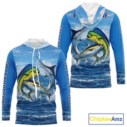 Personalized Mahi Mahi, Marlin, Tuna Blue Performance Fishing Shirt, Hooded Saltwater Tournament Shirts NHT600