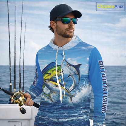 Personalized Mahi Mahi, Marlin, Tuna Blue Performance Fishing Shirt, Hooded Saltwater Tournament Shirts NHT600