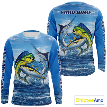 Personalized Mahi Mahi, Marlin, Tuna Blue Performance Fishing Shirt, Saltwater Tournament Shirts NHT600
