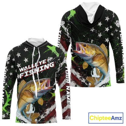 Best Walleye Fishing Shirt Long Sleeve Hooded American Flag Patriotic Custom Name