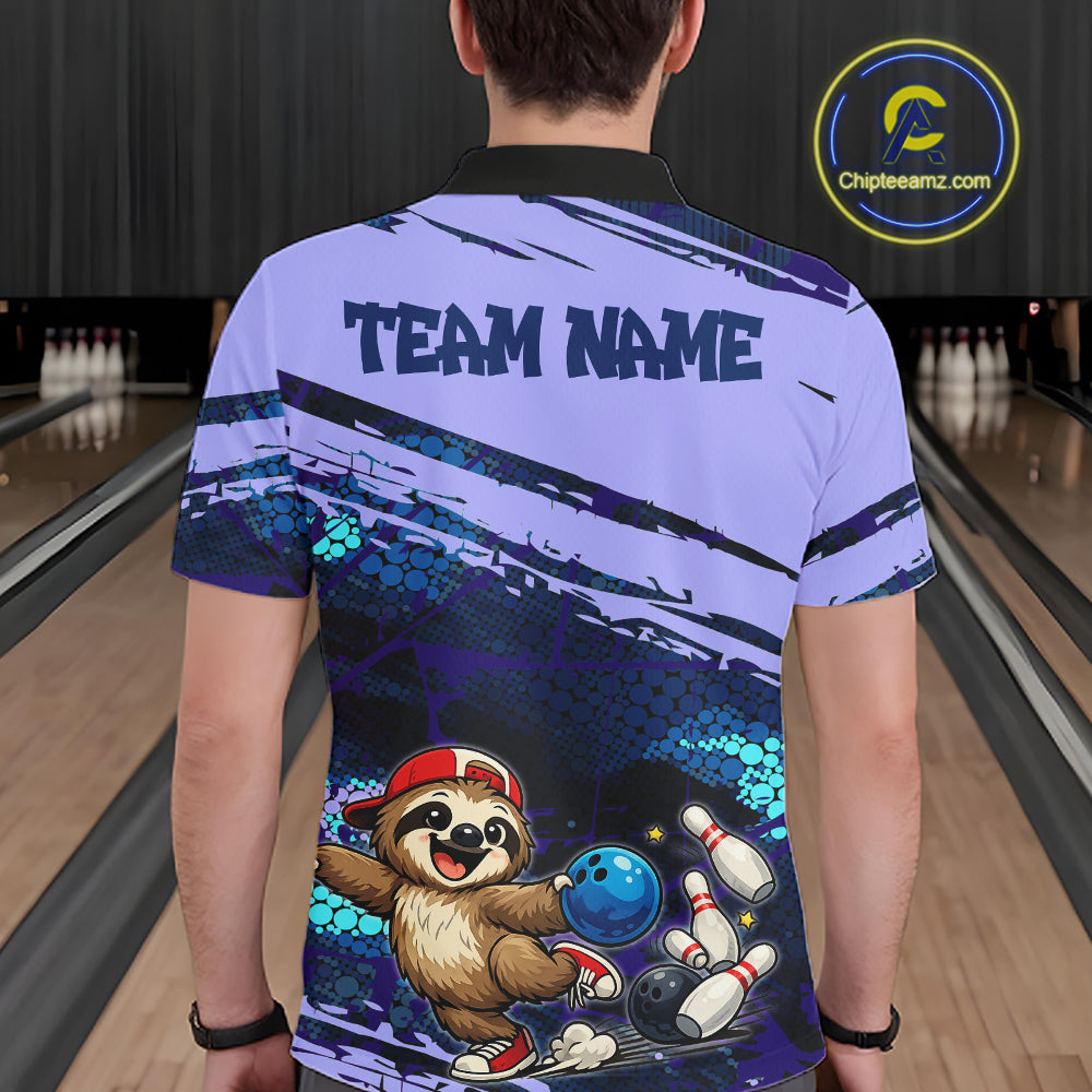 Man wearing a custom bowling-themed polo shirt with a sloth design in a bowling alley.