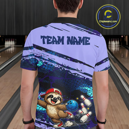 Man wearing a custom bowling-themed polo shirt with a sloth design in a bowling alley.