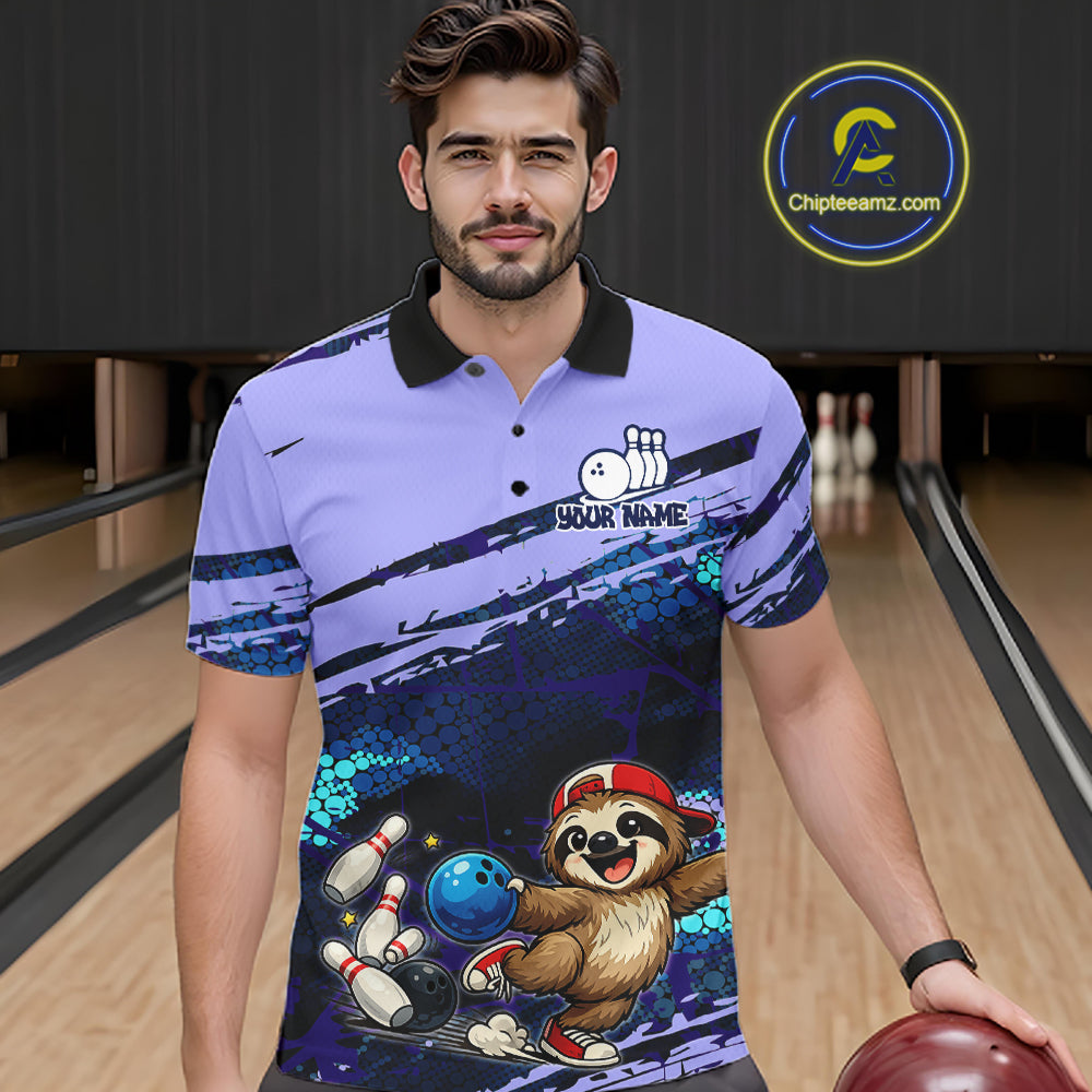 Man wearing a custom bowling-themed polo shirt with a sloth design in a bowling alley.