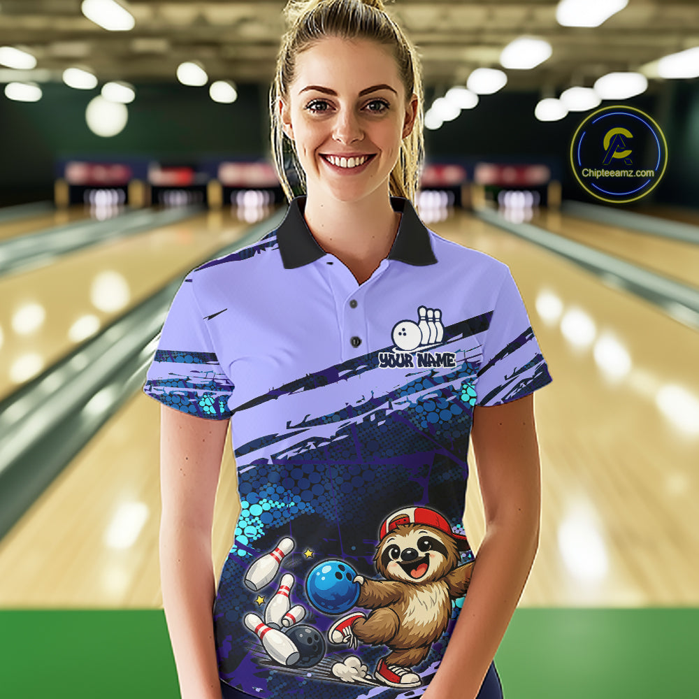 Woman wearing a personalized bowling shirt with a sloth design in a bowling alley.