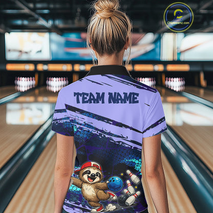 Woman wearing a personalized bowling shirt with a sloth design in a bowling alley.