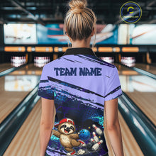 Load image into Gallery viewer, Woman wearing a personalized bowling shirt with a sloth design in a bowling alley.