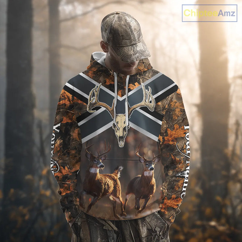 Hunting Shirt with Running Deer Design US Flag - Orange Camo Custom Name 3D Print NHT329