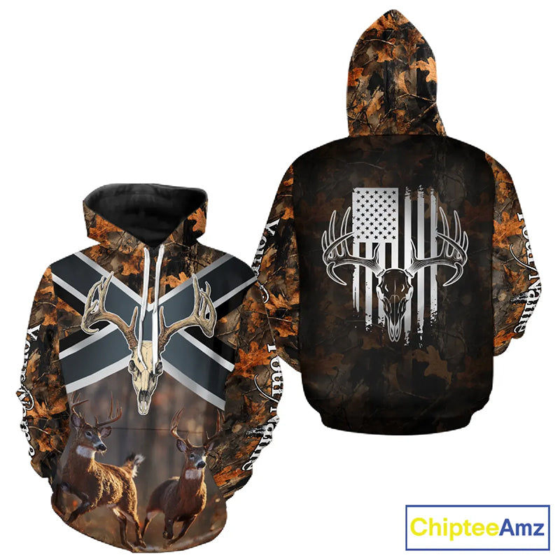 Hunting Shirt with Running Deer Design US Flag - Orange Camo Custom Name 3D Print NHT329