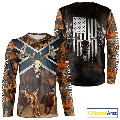 Hunting Shirt with Running Deer Design US Flag - Orange Camo Custom Name 3D Print NHT329