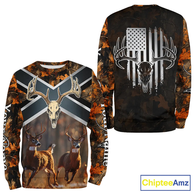 Hunting Shirt with Running Deer Design US Flag - Orange Camo Custom Name 3D Print NHT329