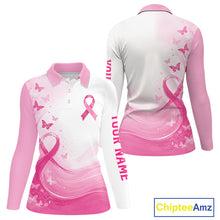 Load image into Gallery viewer, Personalized Breast Cancer Awareness Women’s Golf Polo Pink Ribbon &amp; Butterflies Custom Name