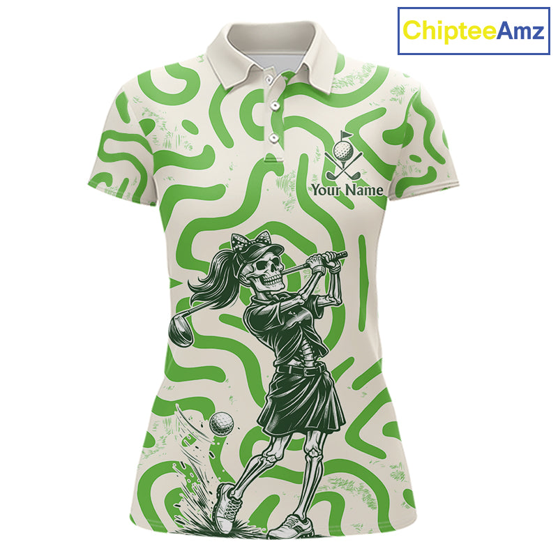 Personalized Funny Skeleton Womens Golf Polo Shirt Green Abstract Pattern Custom Golf Shirt For Team Name & Name NHT618