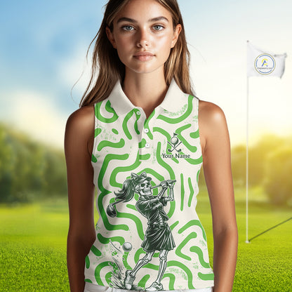 Personalized Funny Skeleton Sleeveless Golf Polo Shirt Green Abstract Pattern Custom Golf Shirt For Team Name & Name NHT618