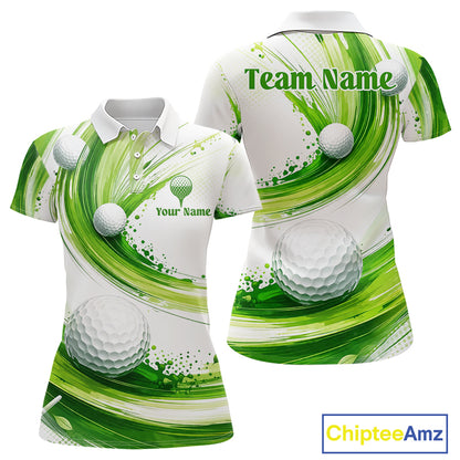 Custom Green Wave Womens Golf Polo Shirt With Ball Design Personalized Team Name & Name Golf Shirt NHT623