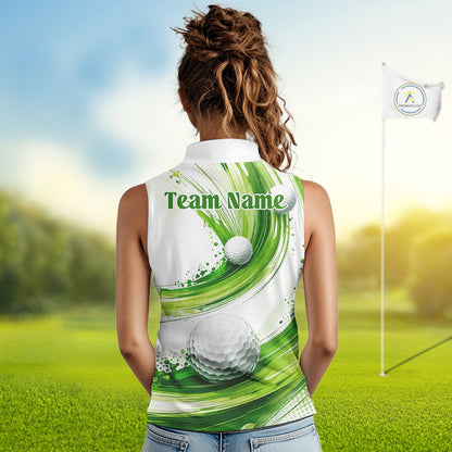 Custom Green Wave Sleeveless Golf Polo Shirt With Ball Design Personalized Team Name & Name Golf Shirt NHT623