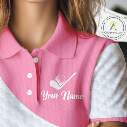 Pink Womens Golf Polo Shirt Pink Flamingos Pattern Custom Name Team Flamingo Golf Polo Shirts NHT626
