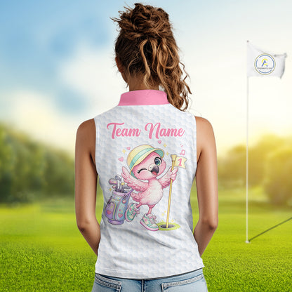 Pink Sleeveless Golf Polo Shirt Pink Flamingos Pattern Custom Name Team Flamingo Golf Polo Shirts NHT626