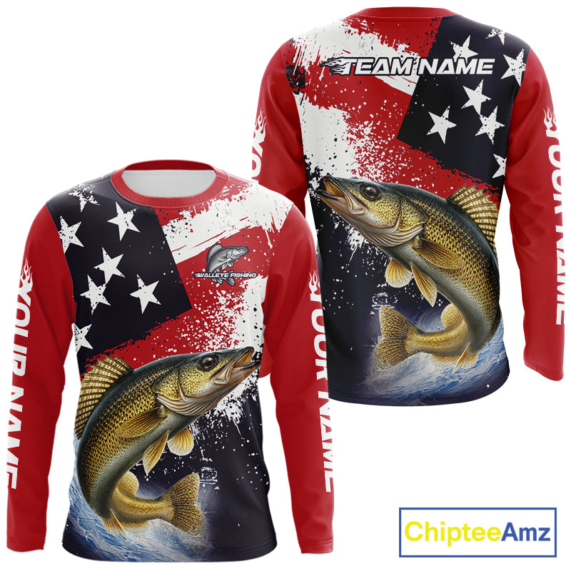Personalized Walleye Fishing Jerseys, Custom American Flag Walleye Fishing Shirts Long Sleeve NHT488