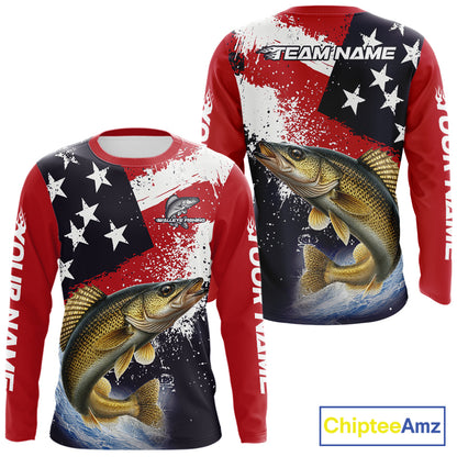 Personalized Walleye Fishing Jerseys, Custom American Flag Walleye Fishing Shirts Long Sleeve NHT488