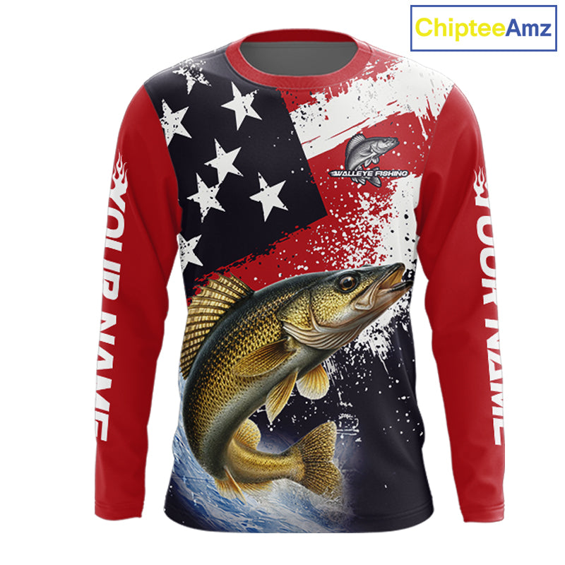 Personalized Walleye Fishing Jerseys, Custom American Flag Walleye Fishing Shirts Long Sleeve NHT488