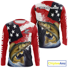 Load image into Gallery viewer, Personalized Walleye Fishing Jerseys, Custom American Flag Walleye Fishing Shirts Long Sleeve NHT488