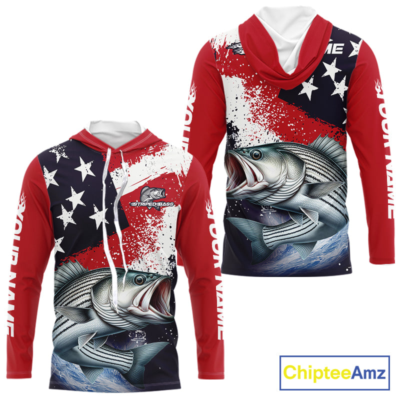 Personalized Striped Bass Fishing Jerseys, Custom American Flag Bass Hooded Fishing Shirts Long Sleeve NHT489