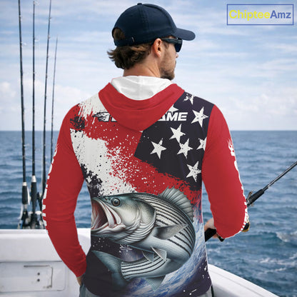 Personalized Striped Bass Fishing Jerseys, Custom American Flag Bass Hooded Fishing Shirts Long Sleeve NHT489