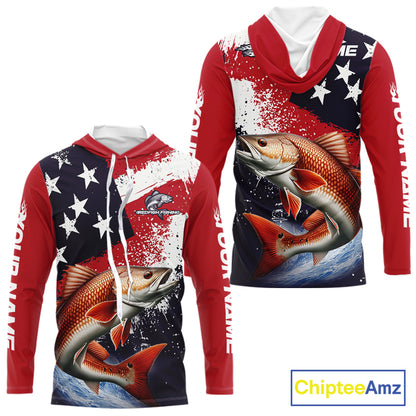 Personalized Redfish Fishing Jerseys, Custom American Flag Redfish Hooded Fishing Shirts Long Sleeve NHT490