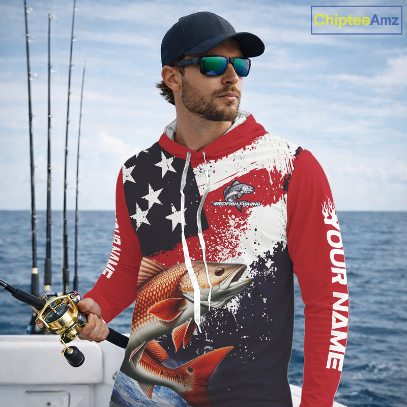 Personalized Redfish Fishing Jerseys, Custom American Flag Redfish Hooded Fishing Shirts Long Sleeve NHT490