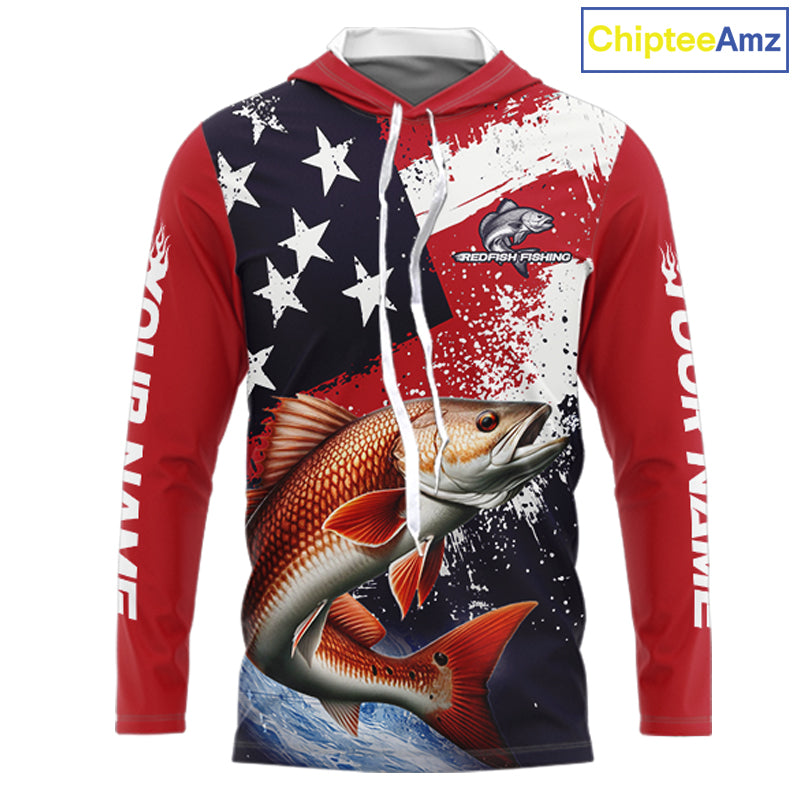 Personalized Redfish Fishing Jerseys, Custom American Flag Redfish Hooded Fishing Shirts Long Sleeve NHT490