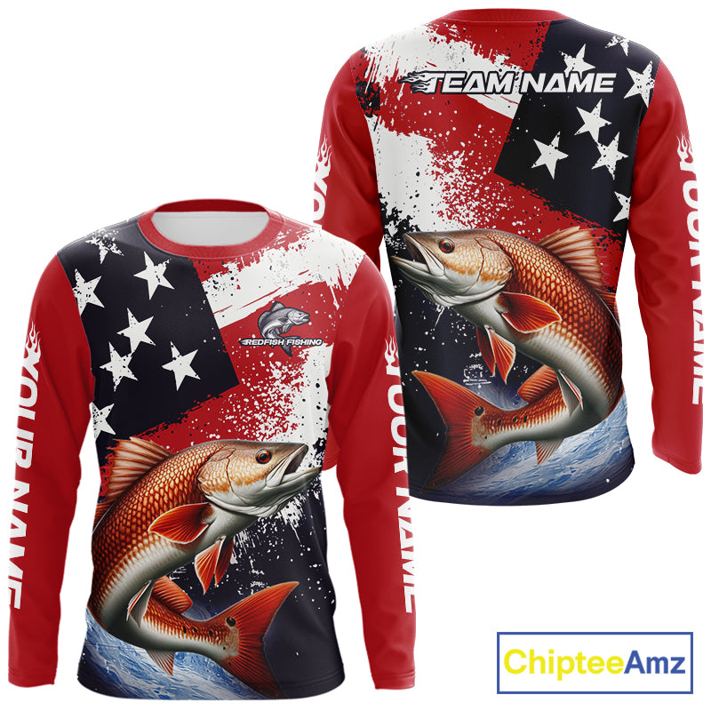 Personalized Redfish Fishing Jerseys, Custom American Flag Redfish Fishing Shirts Long Sleeve NHT490