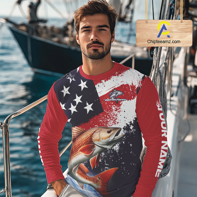 Personalized Redfish Fishing Jerseys, Custom American Flag Redfish Fishing Shirts Long Sleeve NHT490