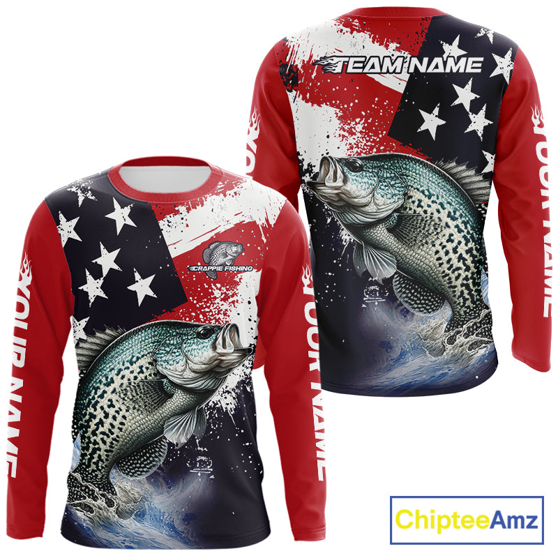 Personalized Crappie Fishing Jerseys, Custom American Flag Crappie Fishing Shirts Long Sleeve NHT491