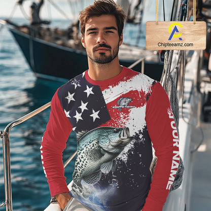 Personalized Crappie Fishing Jerseys, Custom American Flag Crappie Fishing Shirts Long Sleeve NHT491