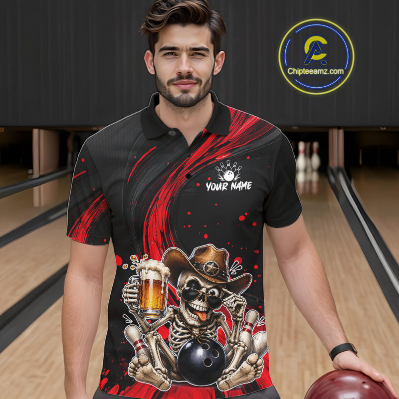 Man wearing a black and red bowling-themed shirt with a skeleton design in a bowling alley.