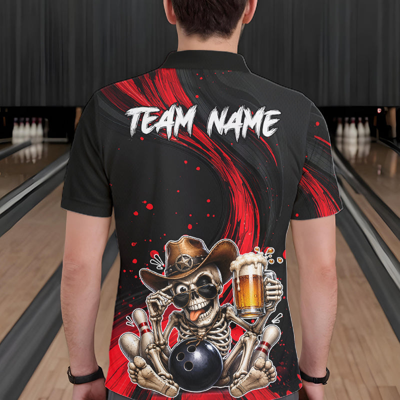 Person wearing a black bowling shirt with a skeleton design and 'Team Name' text at a bowling alley.