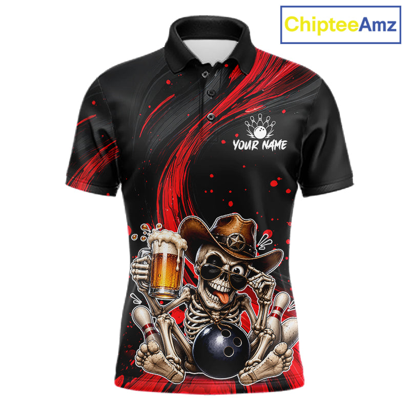 Funny Skeleton Cowboy Bowling Shirt, Personalized Red Color Beer Bowler Polo & Quarter-Zip 